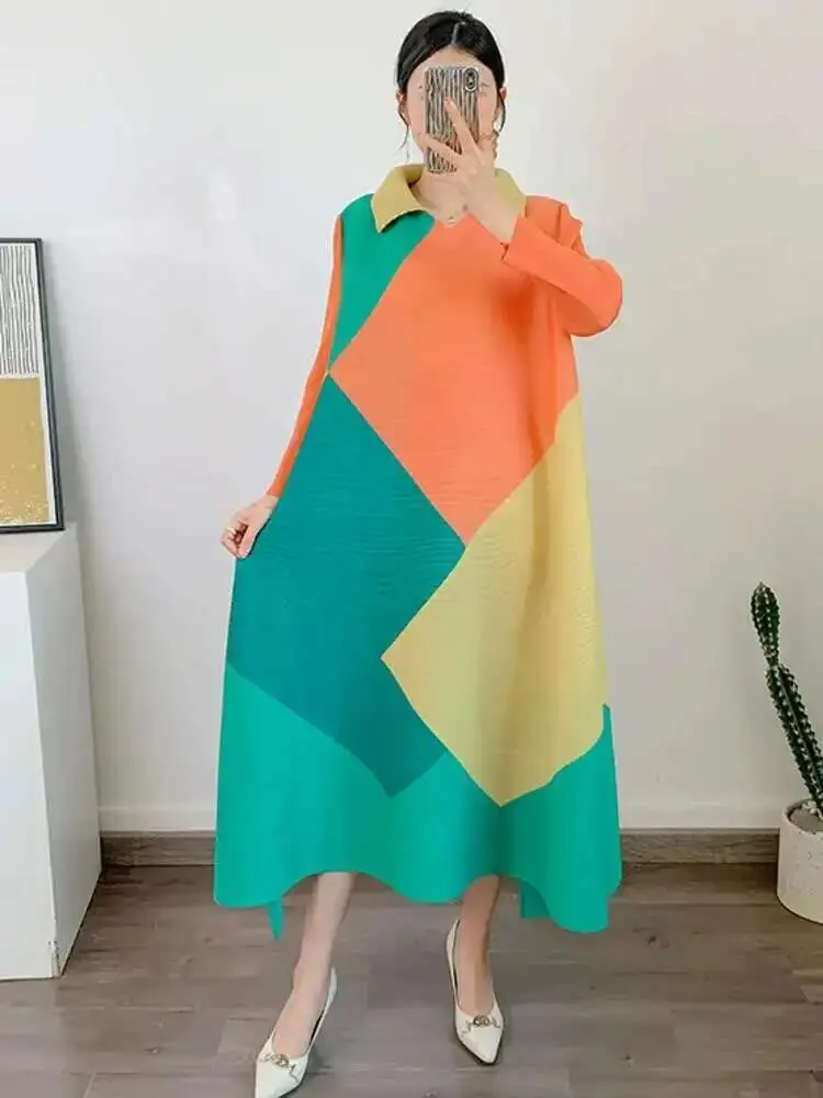 LANMREM Pleated Dress Long Sleeves Lapel Color Block Loose Dresses 2025 New Autumn Female Fashion Festival Clothes 2YA878
