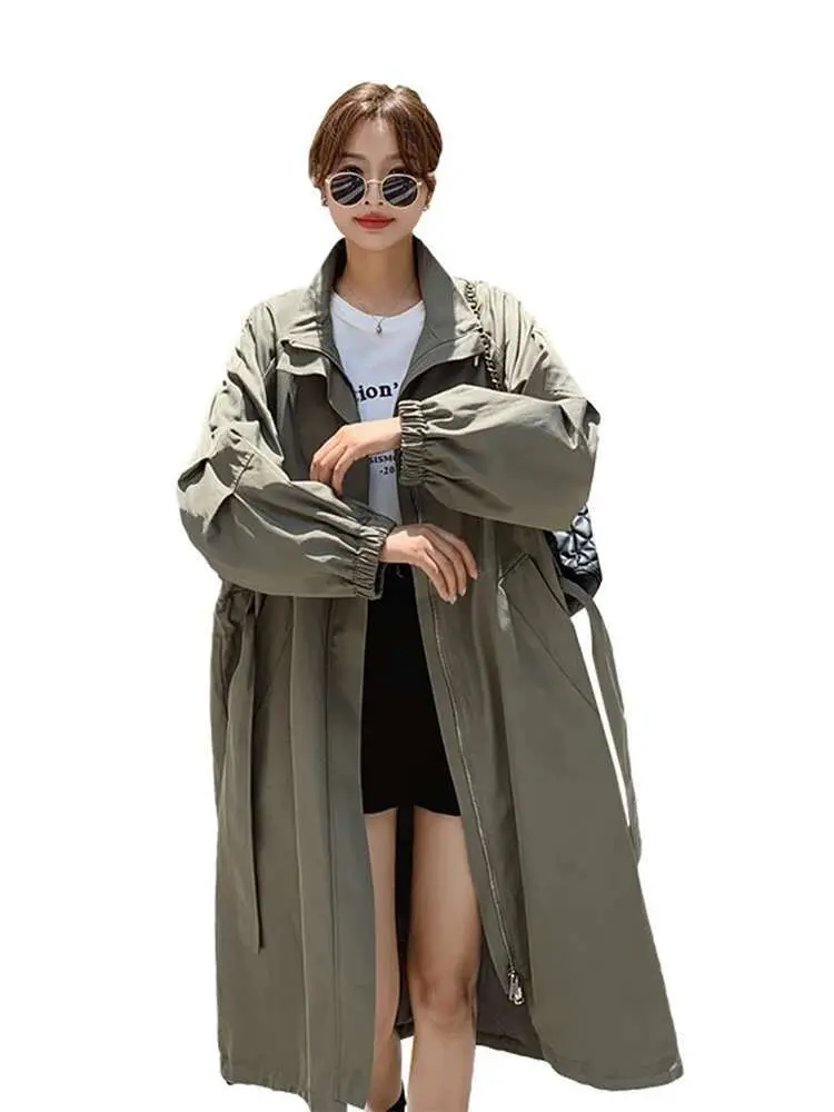 LANMREM Loose Casual Trench Coat Women Lapel Solid Color Zipper Mid Length Windbreaker With Belt Autumn Fashion Clothing 2R4502