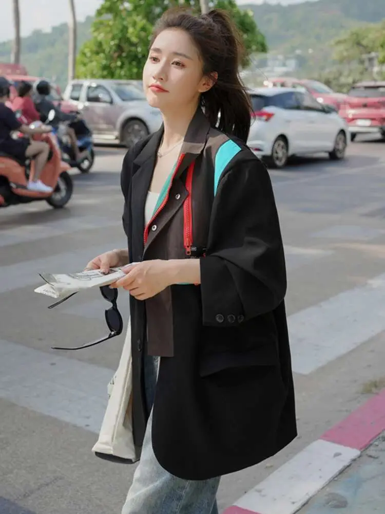 LANMREM Patchwork Designer Women's Blazer Notched Collar Contrast Color Single Breasted Coat Streetwear 2024 Spring New 2AA5218