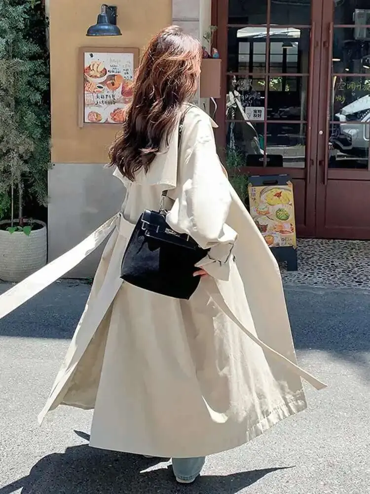 LANMREM 2025 Spring New Double Breasted Long Windbreaker Jacket Big Sleeves Loose Casual Style Female Coats With Belt 2DA8987