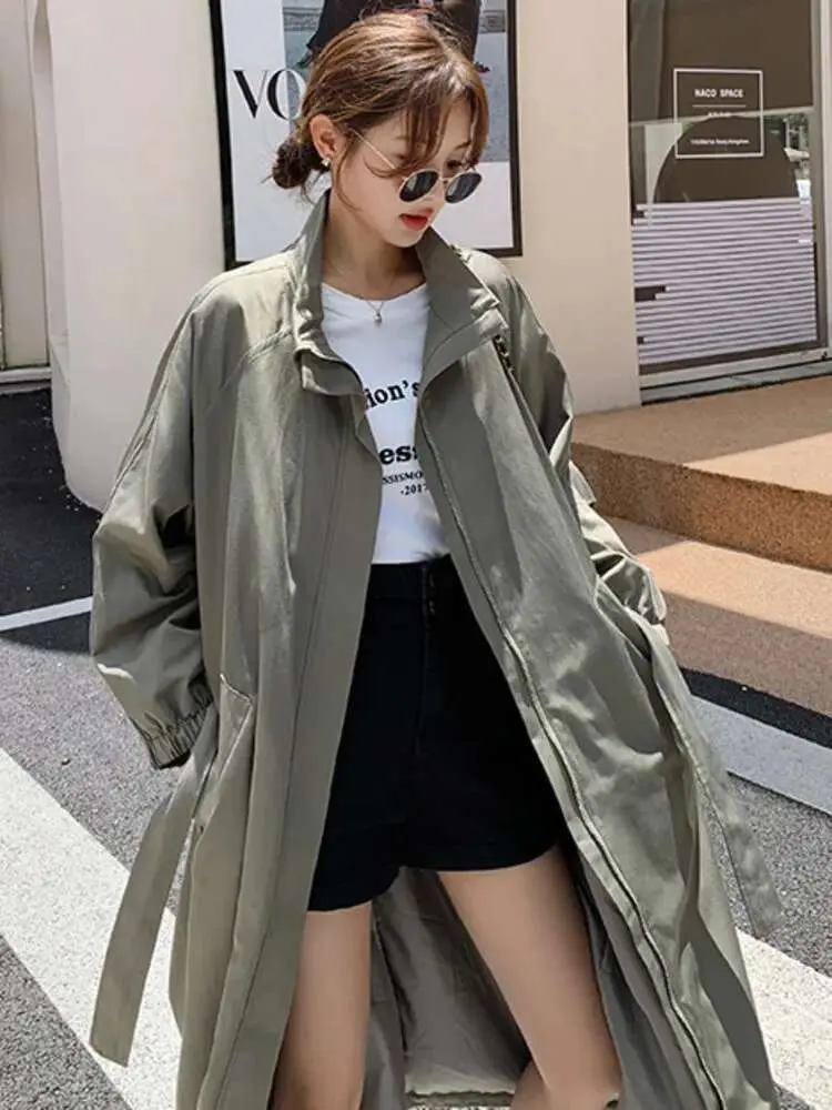 LANMREM Loose Casual Trench Coat Women Lapel Solid Color Zipper Mid Length Windbreaker With Belt Autumn Fashion Clothing 2R4502