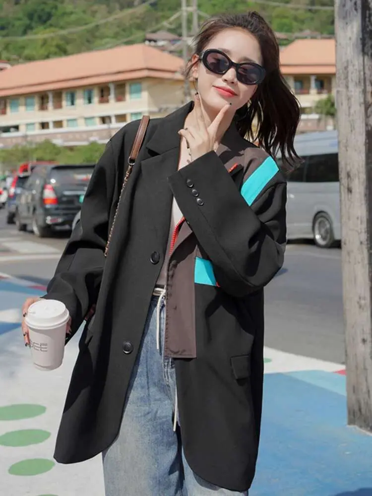 LANMREM Patchwork Designer Women's Blazer Notched Collar Contrast Color Single Breasted Coat Streetwear 2024 Spring New 2AA5218