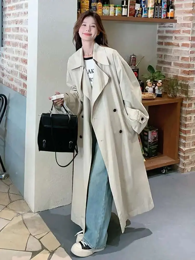LANMREM 2025 Spring New Double Breasted Long Windbreaker Jacket Big Sleeves Loose Casual Style Female Coats With Belt 2DA8987