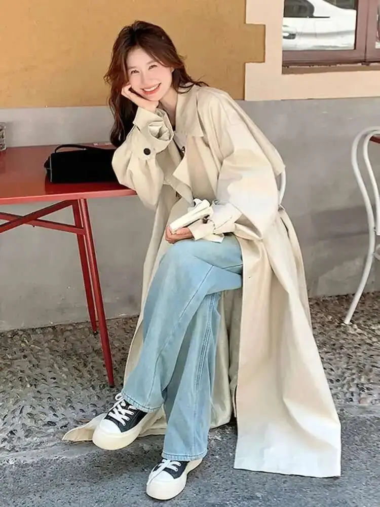 LANMREM 2025 Spring New Double Breasted Long Windbreaker Jacket Big Sleeves Loose Casual Style Female Coats With Belt 2DA8987