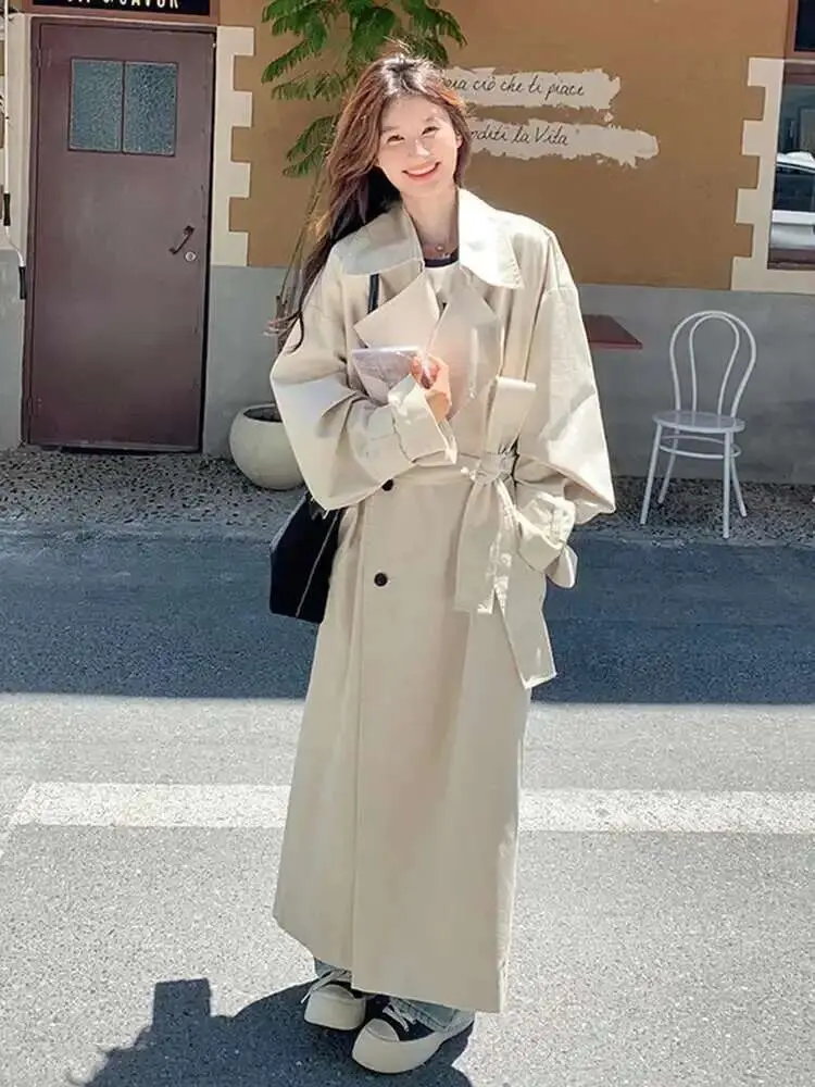 LANMREM 2025 Spring New Double Breasted Long Windbreaker Jacket Big Sleeves Loose Casual Style Female Coats With Belt 2DA8987