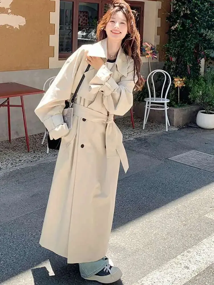 LANMREM 2025 Spring New Double Breasted Long Windbreaker Jacket Big Sleeves Loose Casual Style Female Coats With Belt 2DA8987