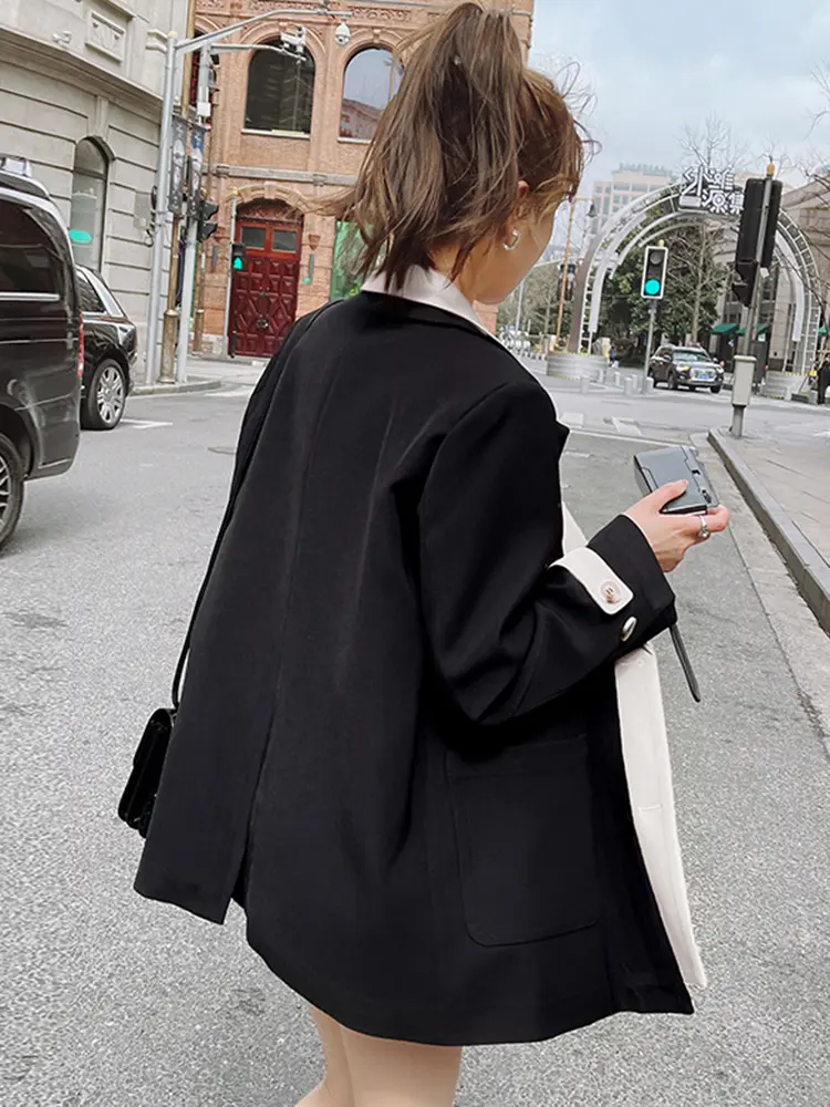 LANMREM Fashion Contrast Color Blazer Women Notched Collar Patchwork Design Single Breasted Coat 2024 Spring New 2AA5068