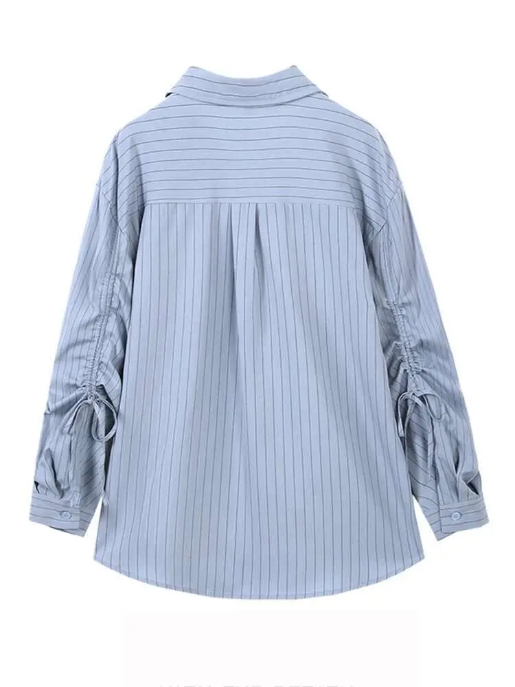 LANMREM Blue Striped Shirt Women's Lapel Pleats Drawstring Long Sleeves Loose Chic Shirts Female Top 2025 Summer Autumn CP2775