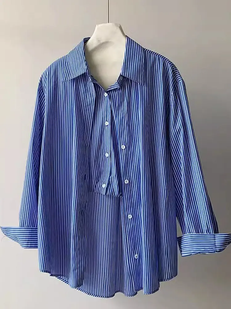LANMREM Fashion Women's Patchwork Stripes Shirt Lapel Loose Fit Single Breasted Long Sleeve Vertical Blouse 2025 Spring 7B200