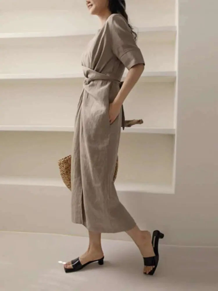 LANMREM Minimalist Irregular Women's Dress New O-neck Half-sleeve Lace-up Temperament Fashion Khaki Dresses 2025 Summer 2DE174