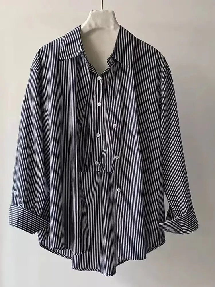 LANMREM Fashion Women's Patchwork Stripes Shirt Lapel Loose Fit Single Breasted Long Sleeve Vertical Blouse 2025 Spring 7B200