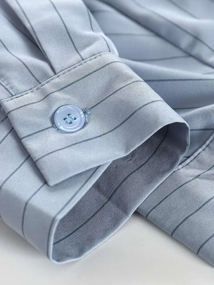 LANMREM Blue Striped Shirt Women's Lapel Pleats Drawstring Long Sleeves Loose Chic Shirts Female Top 2025 Summer Autumn CP2775