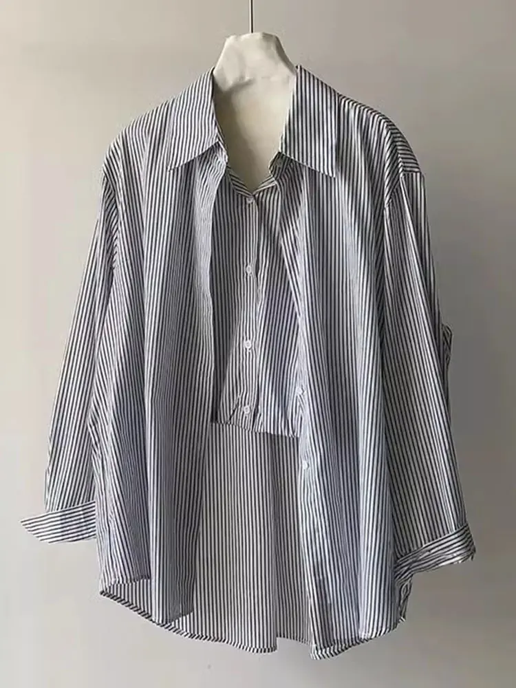 LANMREM Fashion Women's Patchwork Stripes Shirt Lapel Loose Fit Single Breasted Long Sleeve Vertical Blouse 2025 Spring 7B200