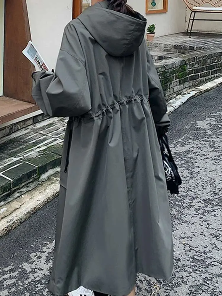 LANMREM Vintage Hooded Trench Coat Women Pockets Drawstring Gathered Waist Loose Windbreaker 2023 Autumn New Clothing 2AA2832