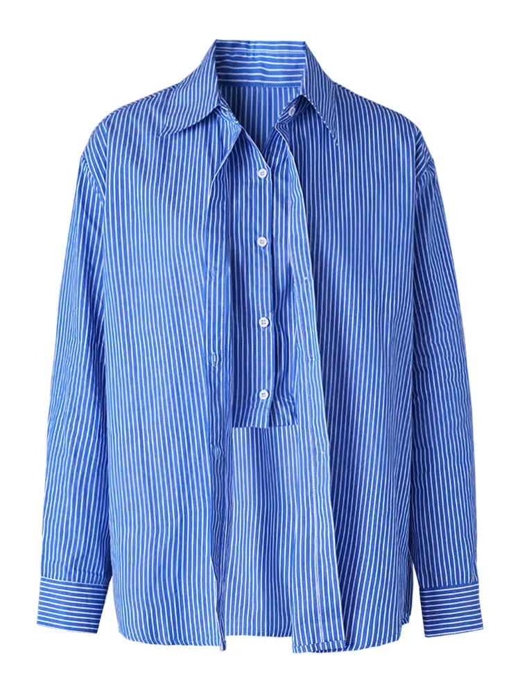 LANMREM Fashion Women's Patchwork Stripes Shirt Lapel Loose Fit Single Breasted Long Sleeve Vertical Blouse 2025 Spring 7B200