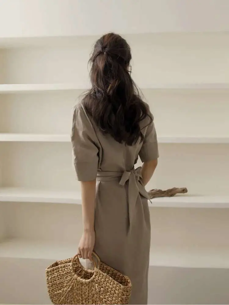 LANMREM Minimalist Irregular Women's Dress New O-neck Half-sleeve Lace-up Temperament Fashion Khaki Dresses 2025 Summer 2DE174