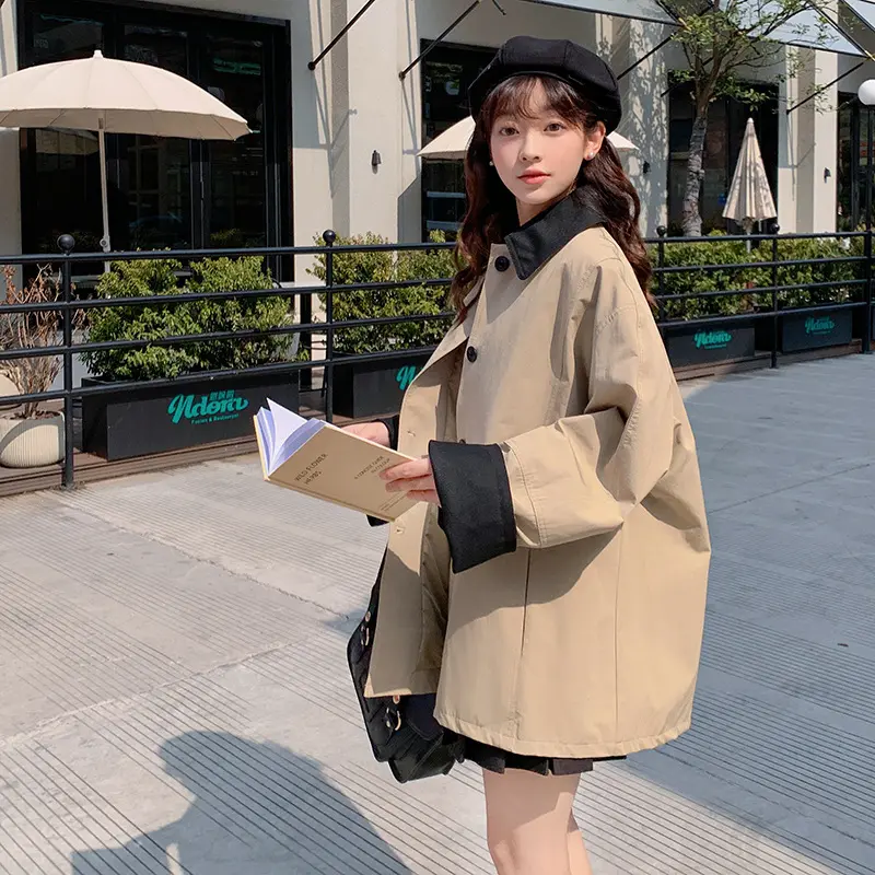 LANMREM Korean Style Color-Block Turn-Down Collar Mid-Length Trench Coat For Women 2025 New Loose Casual Khaki Jackets 2DB3653
