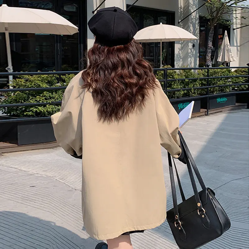 LANMREM Korean Style Color-Block Turn-Down Collar Mid-Length Trench Coat For Women 2025 New Loose Casual Khaki Jackets 2DB3653
