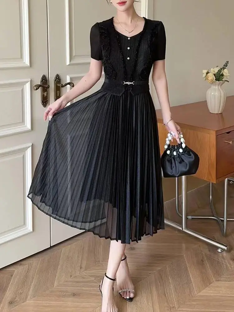 LANMREM Summer Pleated Dress For Women 2025 New Ruffled Panelling‌ Patchwork High Waist Design Blue A-line Dresses Chic 2DB3069