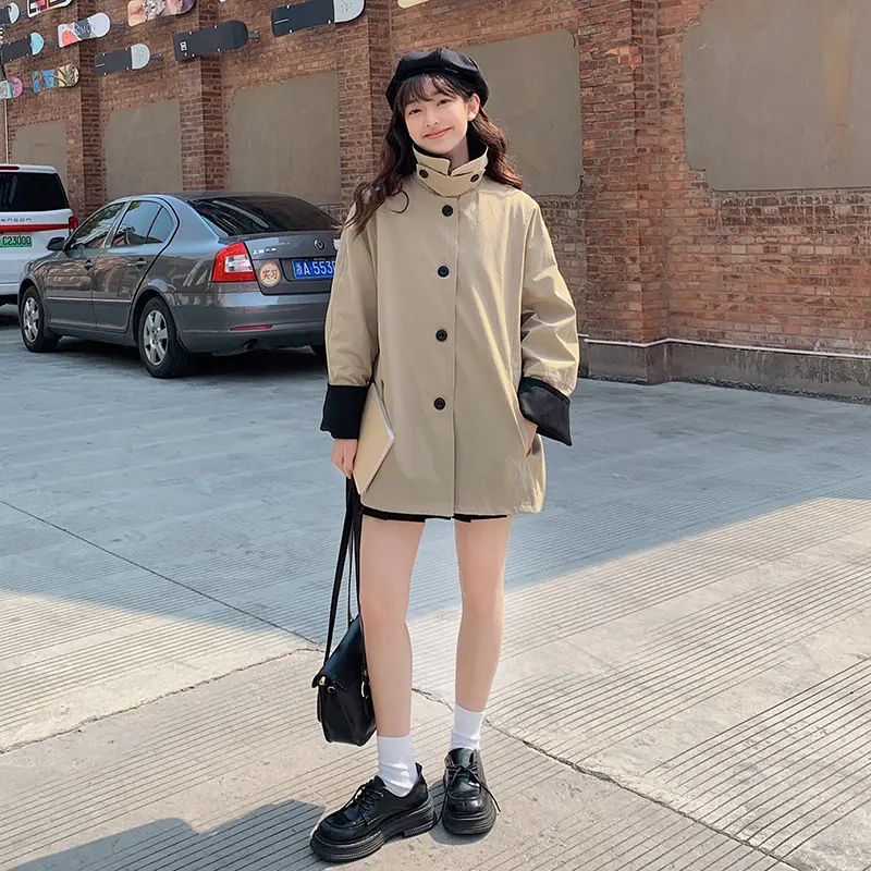 LANMREM Korean Style Color-Block Turn-Down Collar Mid-Length Trench Coat For Women 2025 New Loose Casual Khaki Jackets 2DB3653