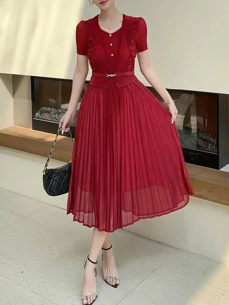 LANMREM Summer Pleated Dress For Women 2025 New Ruffled Panelling‌ Patchwork High Waist Design Blue A-line Dresses Chic 2DB3069