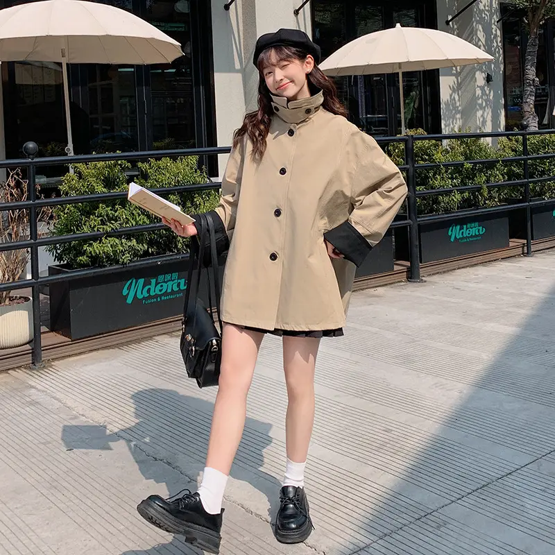 LANMREM Korean Style Color-Block Turn-Down Collar Mid-Length Trench Coat For Women 2025 New Loose Casual Khaki Jackets 2DB3653