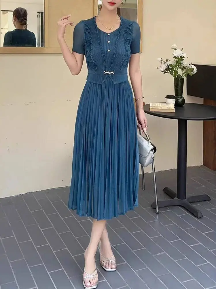 LANMREM Summer Pleated Dress For Women 2025 New Ruffled Panelling‌ Patchwork High Waist Design Blue A-line Dresses Chic 2DB3069