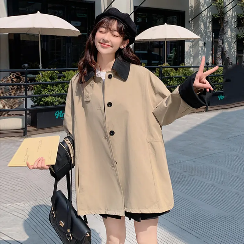 LANMREM Korean Style Color-Block Turn-Down Collar Mid-Length Trench Coat For Women 2025 New Loose Casual Khaki Jackets 2DB3653