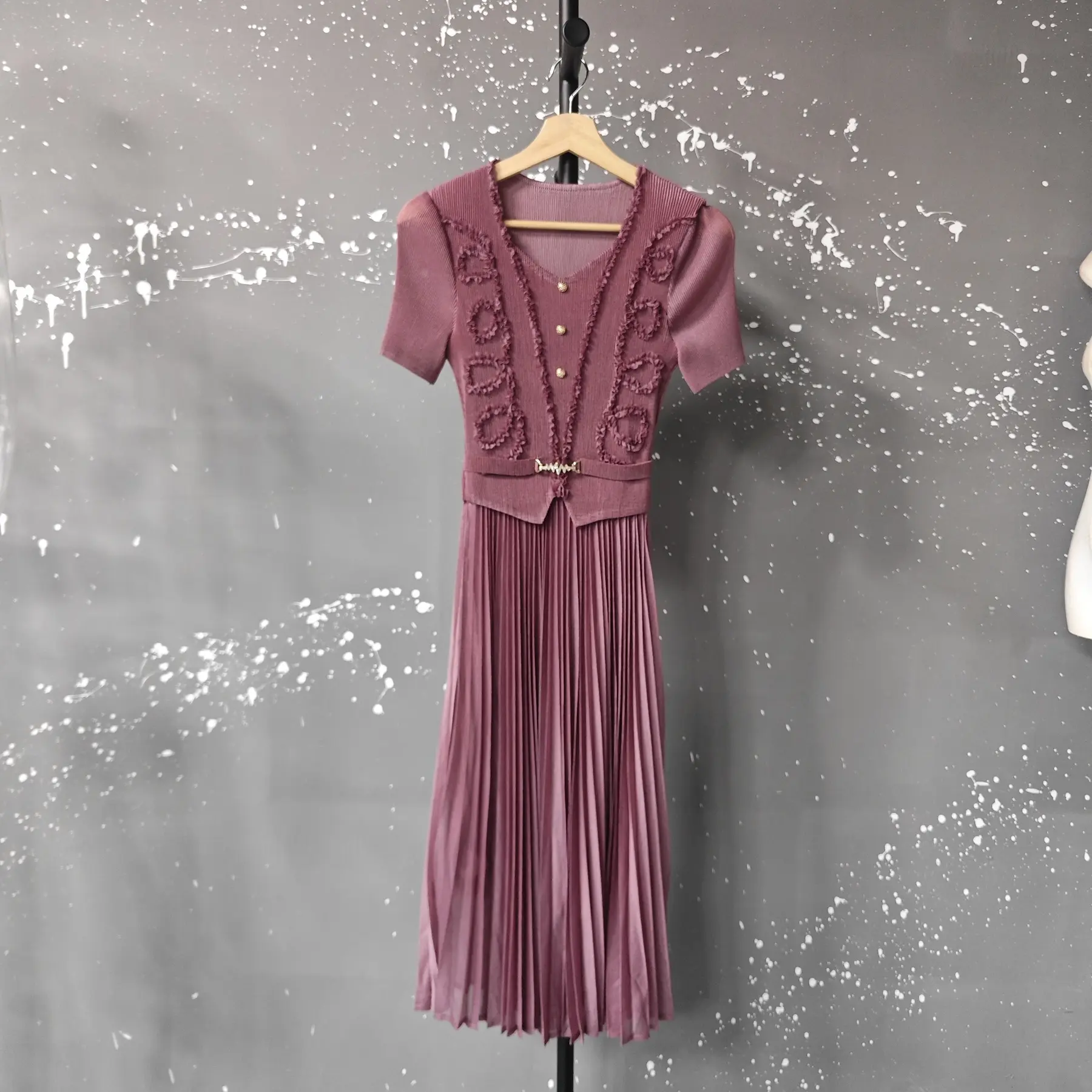 LANMREM Summer Pleated Dress For Women 2025 New Ruffled Panelling‌ Patchwork High Waist Design Blue A-line Dresses Chic 2DB3069