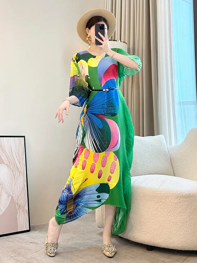 LANMREM Colorblock Printting Pleated Dress For Women Loose Casual Irregular Hem Round Collar Chic Fashion Dresses 2025 2DB2984