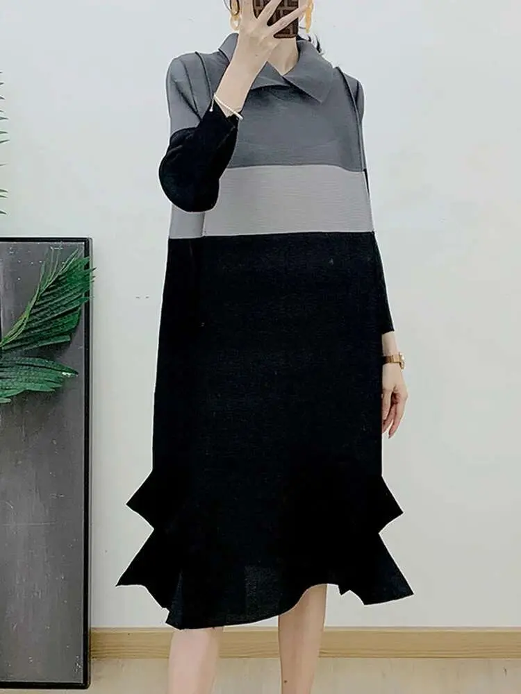 LANMREM Color Block Pleated Dress For Women Lapel Long Sleeves Ruffles Hem Female Fashion Clothing 2025  Spring New 2DA3690