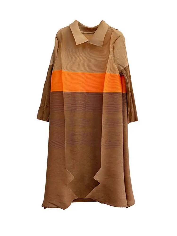 LANMREM Color Block Pleated Dress For Women Lapel Long Sleeves Ruffles Hem Female Fashion Clothing 2025  Spring New 2DA3690