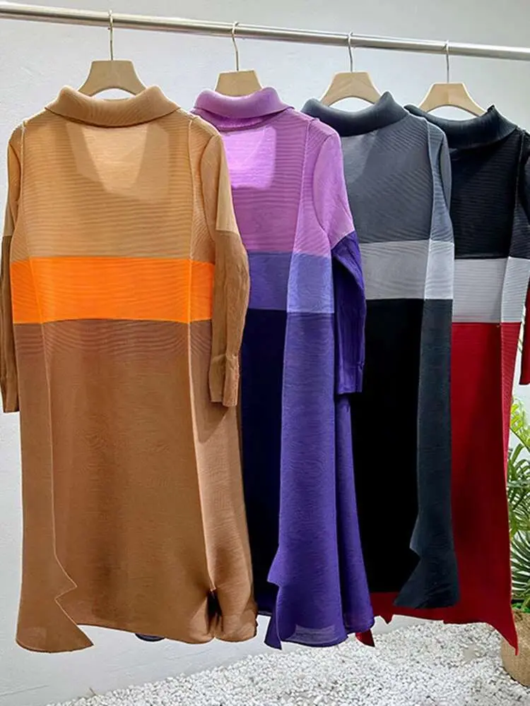 LANMREM Color Block Pleated Dress For Women Lapel Long Sleeves Ruffles Hem Female Fashion Clothing 2025  Spring New 2DA3690