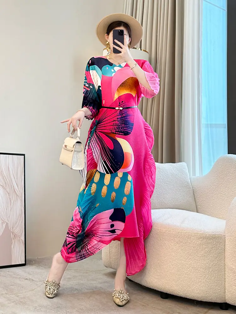 LANMREM Colorblock Printting Pleated Dress For Women Loose Casual Irregular Hem Round Collar Chic Fashion Dresses 2025 2DB2984