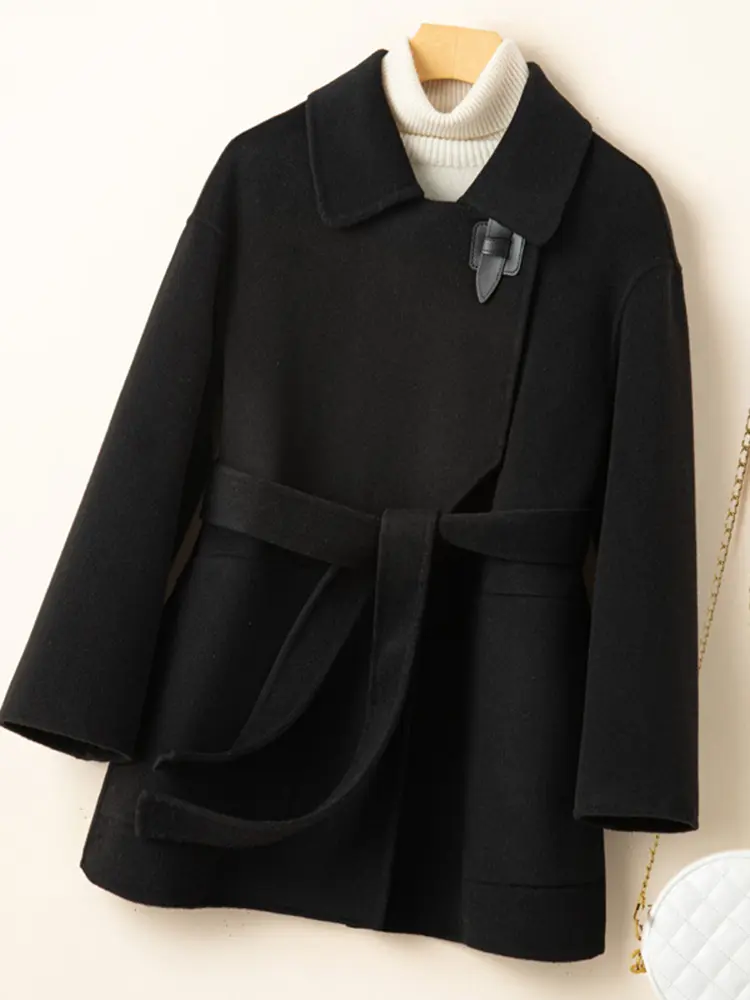 LANMREM High End Winter Wool Coat For Women Lapel Belt Gathered Waist Solid Color Jackets Fashion 2024 New Clothing 2AA4391