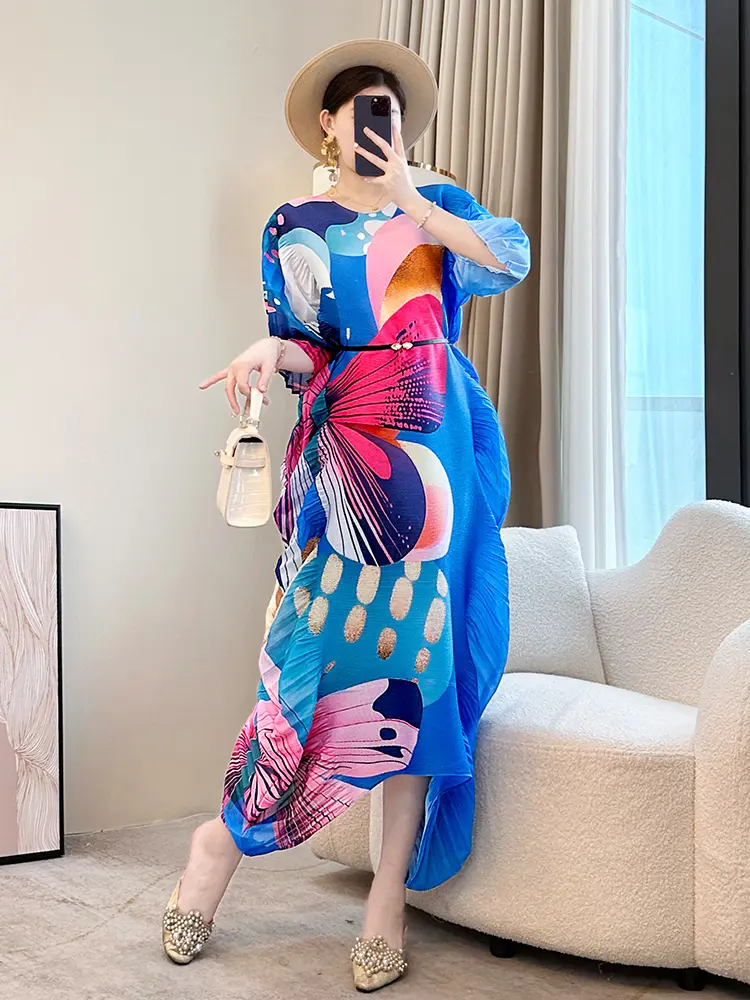LANMREM Colorblock Printting Pleated Dress For Women Loose Casual Irregular Hem Round Collar Chic Fashion Dresses 2025 2DB2984