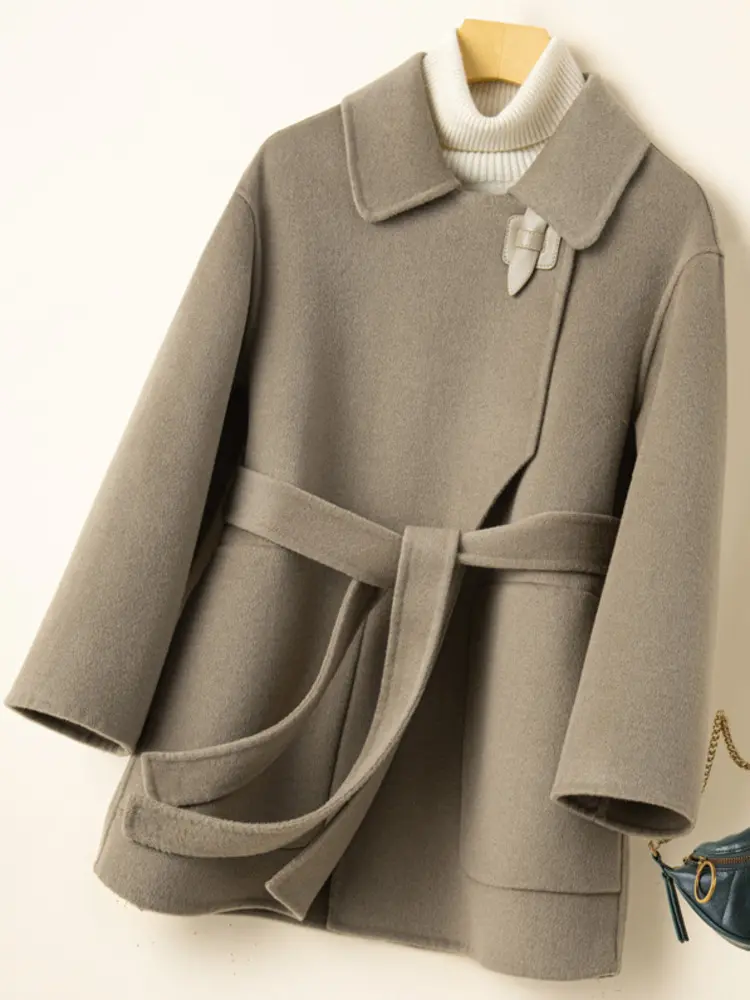 LANMREM High End Winter Wool Coat For Women Lapel Belt Gathered Waist Solid Color Jackets Fashion 2024 New Clothing 2AA4391