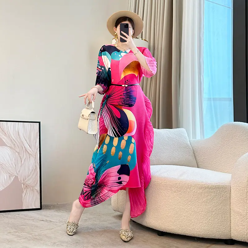 LANMREM Colorblock Printting Pleated Dress For Women Loose Casual Irregular Hem Round Collar Chic Fashion Dresses 2025 2DB2984