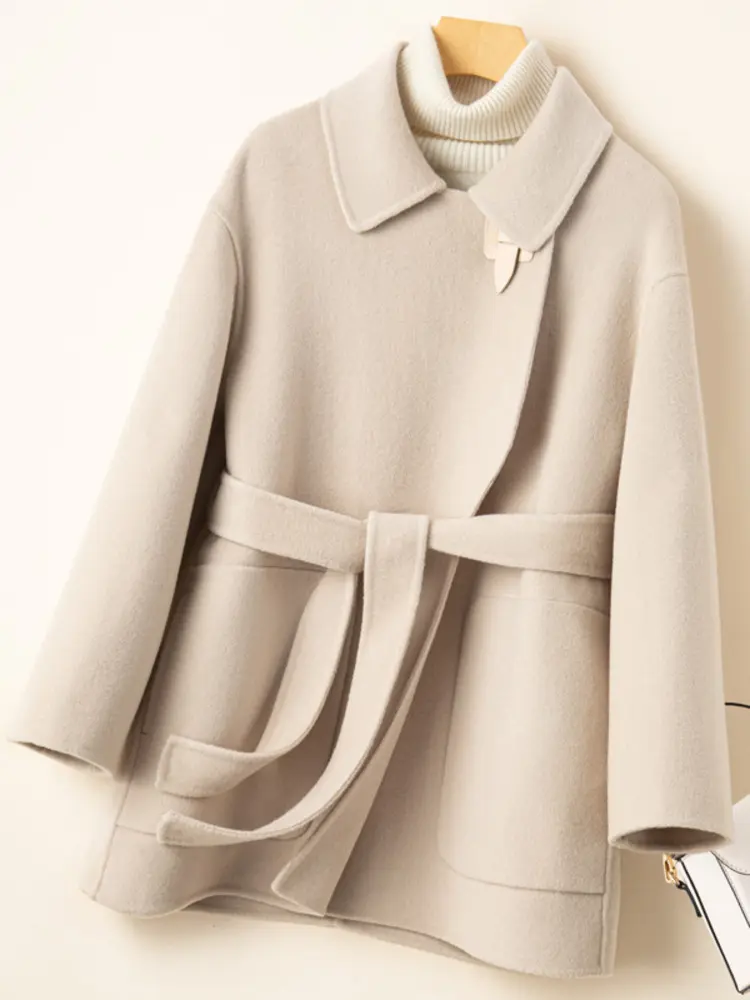 LANMREM High End Winter Wool Coat For Women Lapel Belt Gathered Waist Solid Color Jackets Fashion 2024 New Clothing 2AA4391