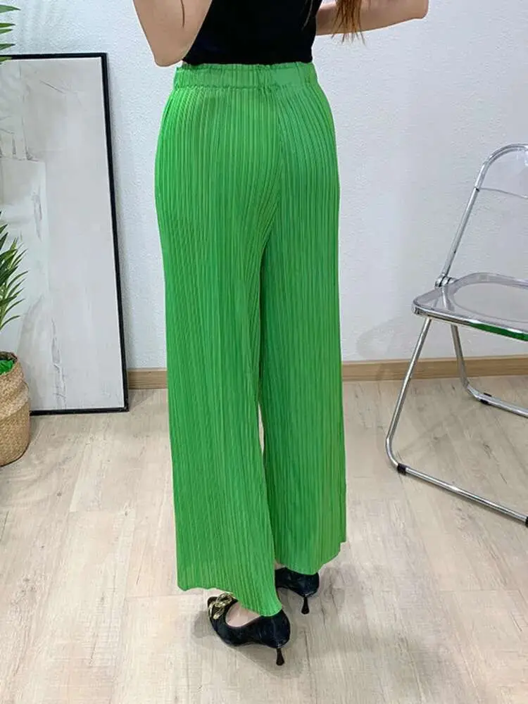 LANMREM Pleated Summer 2025 New High Waisted Slimming Straight Wide Leg Pants For Women Loose Chic Green Trousers Famale 2DB2921