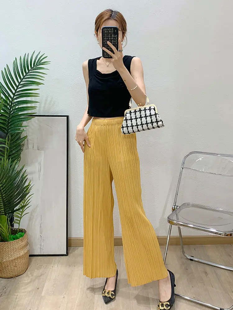 LANMREM Pleated Summer 2025 New High Waisted Slimming Straight Wide Leg Pants For Women Loose Chic Green Trousers Famale 2DB2921