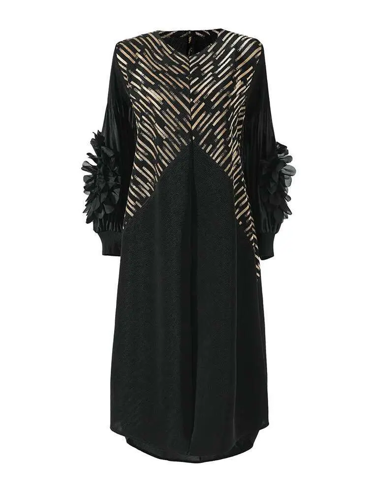 LANMREM Plated Flower Lantern Sleeves V Neck Color Stitching Female Loose Big Size Party Luxury Clothing 2025 New 2DA6691