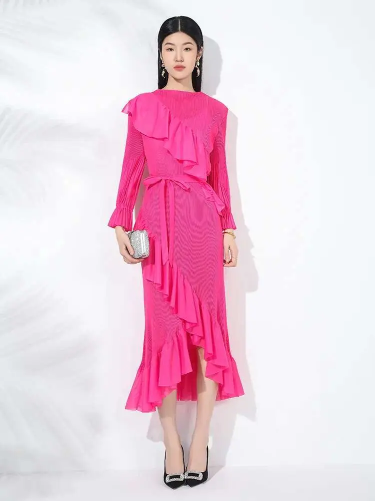 LANMREM High End Ruffles Pleated Dress For Women Long Sleeves Belt Gathered Waist Ladies Party Dresses 2025 Spring New 2DB2114