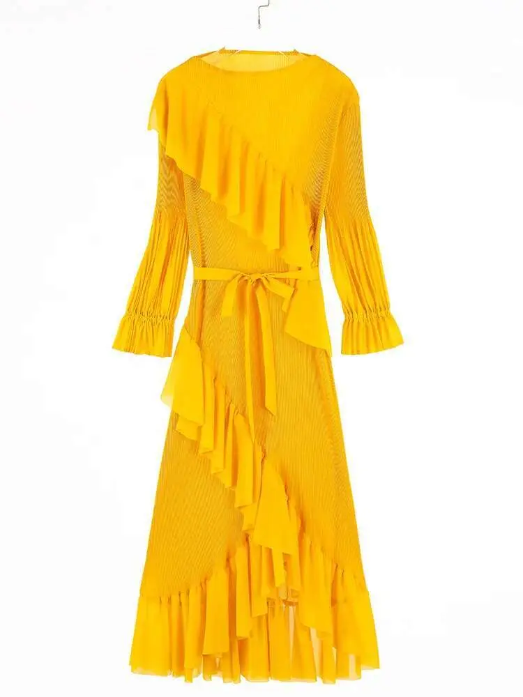 LANMREM High End Ruffles Pleated Dress For Women Long Sleeves Belt Gathered Waist Ladies Party Dresses 2025 Spring New 2DB2114