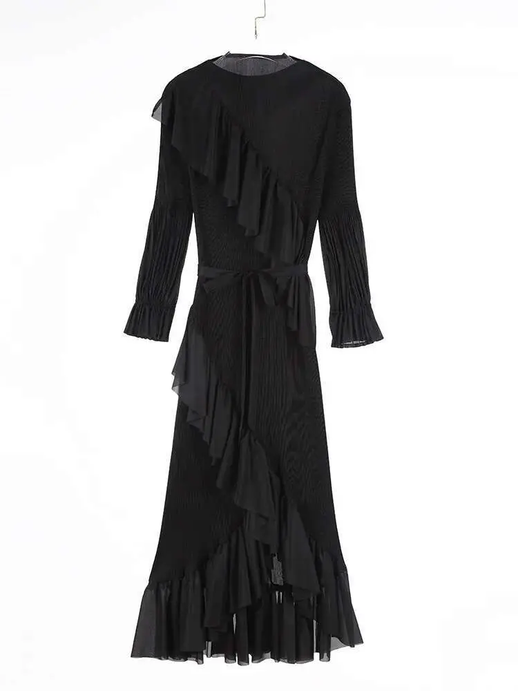 LANMREM High End Ruffles Pleated Dress For Women Long Sleeves Belt Gathered Waist Ladies Party Dresses 2025 Spring New 2DB2114