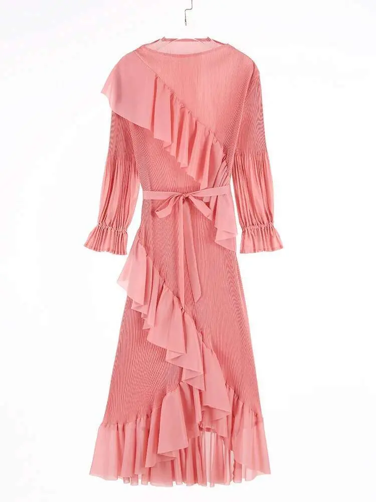 LANMREM High End Ruffles Pleated Dress For Women Long Sleeves Belt Gathered Waist Ladies Party Dresses 2025 Spring New 2DB2114