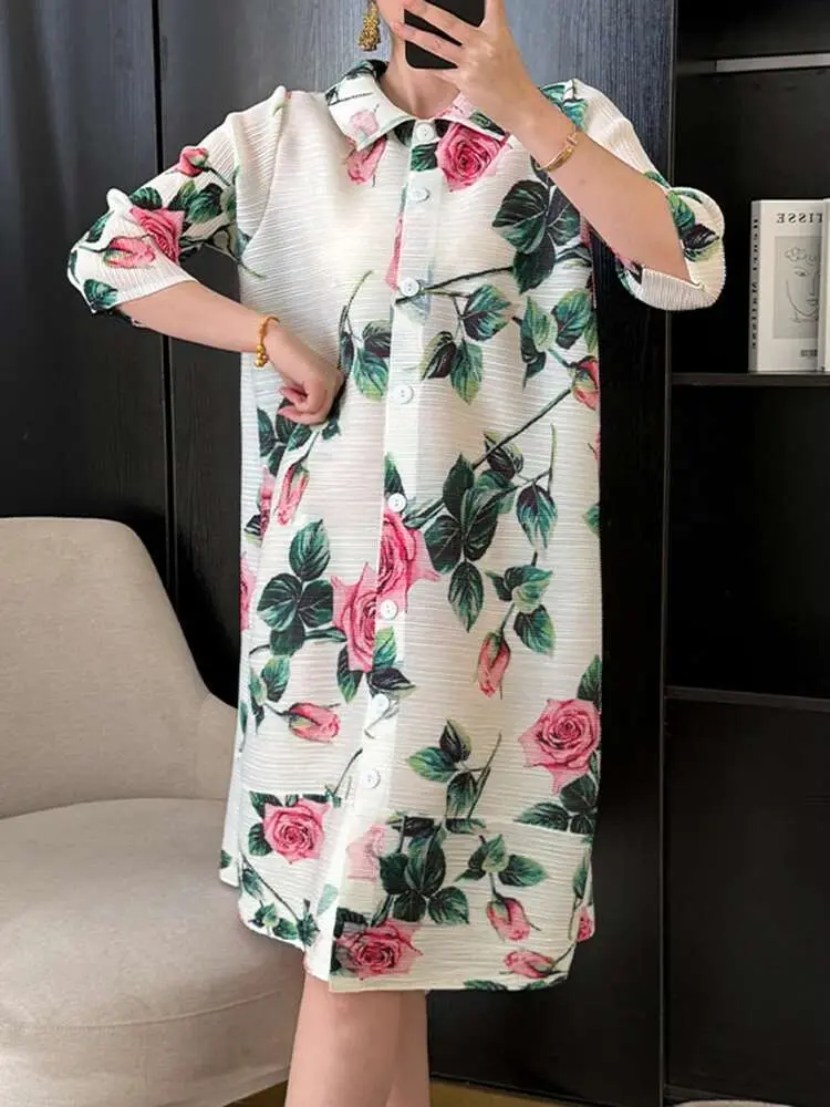LANMREM French Flower Printing Women's Pleated Dress Fashion Three Quarter Sleeve Single Breasted Cardigan Dresses 2025 2DE165