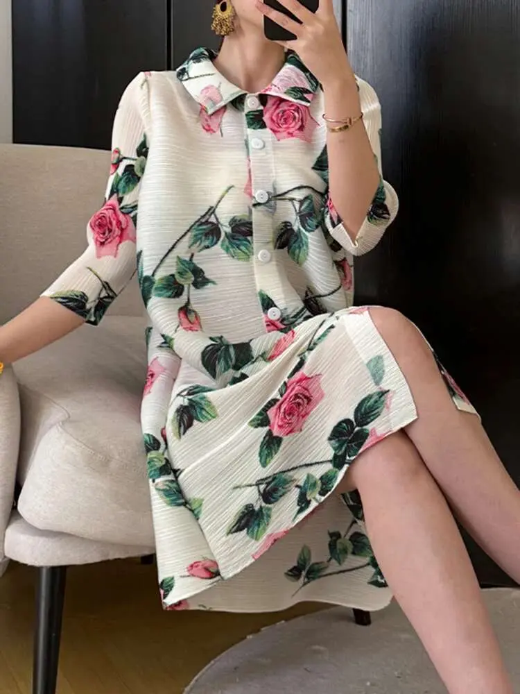 LANMREM French Flower Printing Women's Pleated Dress Fashion Three Quarter Sleeve Single Breasted Cardigan Dresses 2025 2DE165