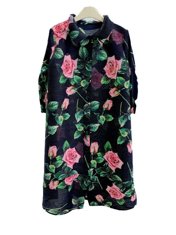 LANMREM French Flower Printing Women's Pleated Dress Fashion Three Quarter Sleeve Single Breasted Cardigan Dresses 2025 2DE165