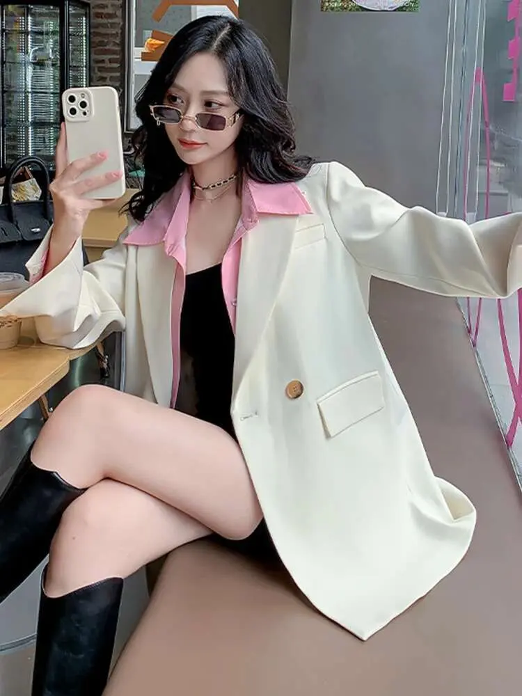 LANMREM Korean Style Women's Blazer Contrast Color Patchwork Design Double Breasted Coat Fashion 2024 Spring New 2AA4894